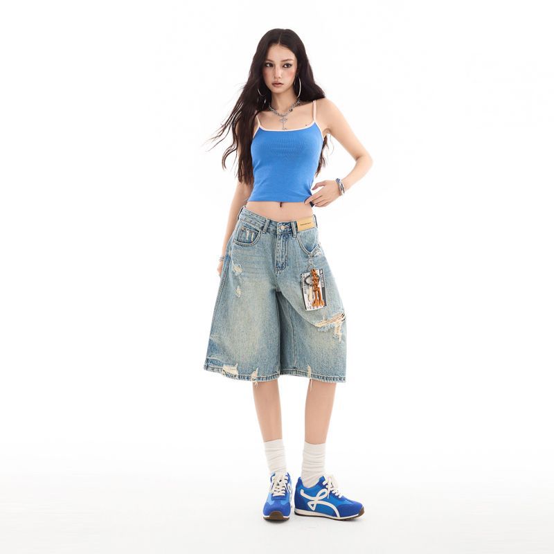 Vintage verwaschene Five Points Weitbein Y2K Lässige Jeansshorts für Damen Sommer Lässige Hosen Übergröße Denim-Hosen