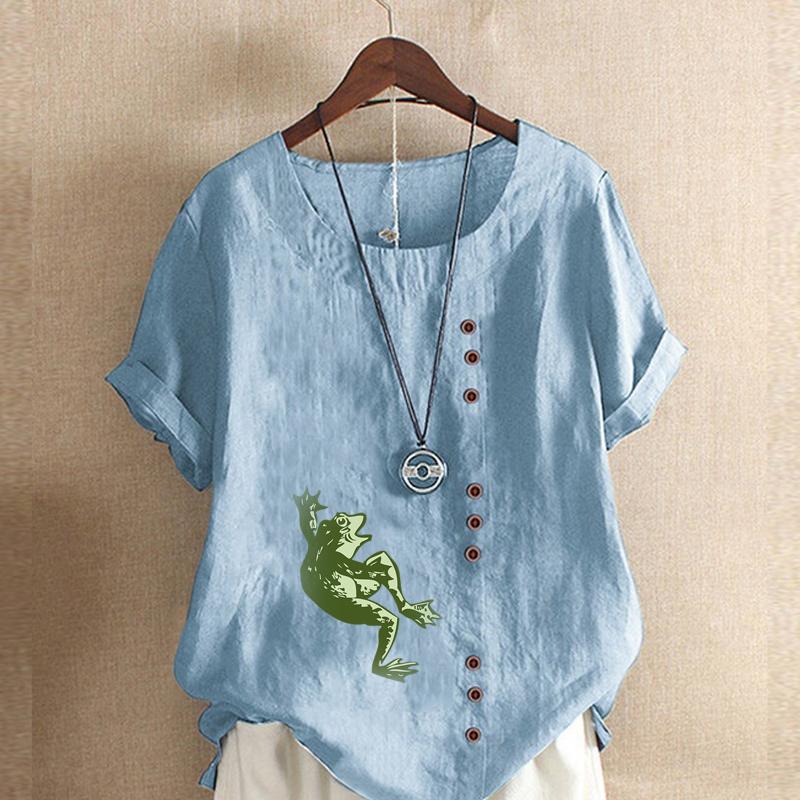 Women's Fashion Frog Prined Short Leeve T-shirt Loose Cotton Shirt Casual Loose Summer Blouse Tops Plus Size
