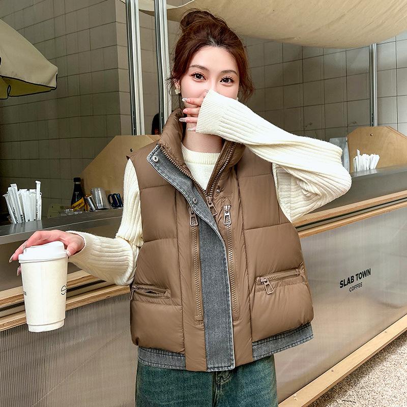 Autumn and winter down cotton vest women's short loose and thickened new stand-up collar splicing cotton vest vest jacket