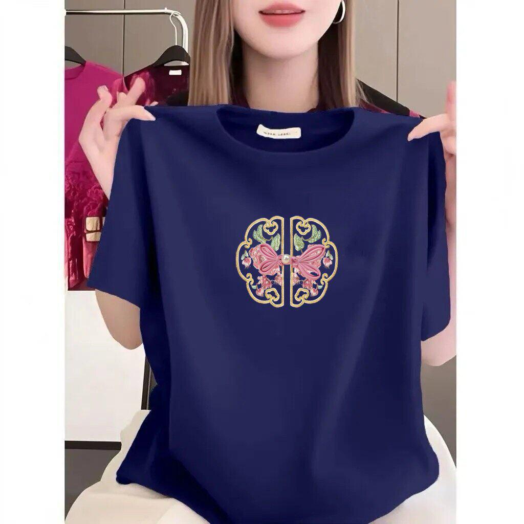 Chinese Embroidery Short Sleeve T-shirt - Women's Plus Size, Slim Fit, Stylish and Loose.