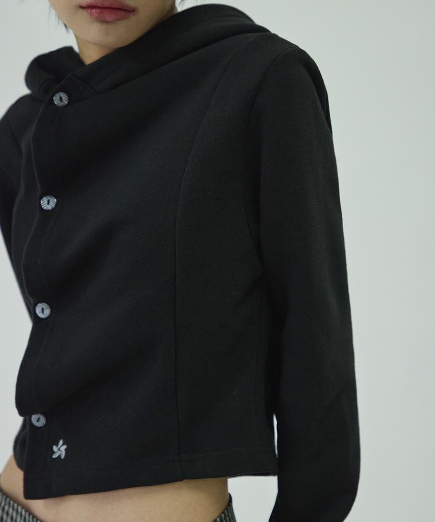 Small Logo Side Button Shirred Hooded Top [Black]