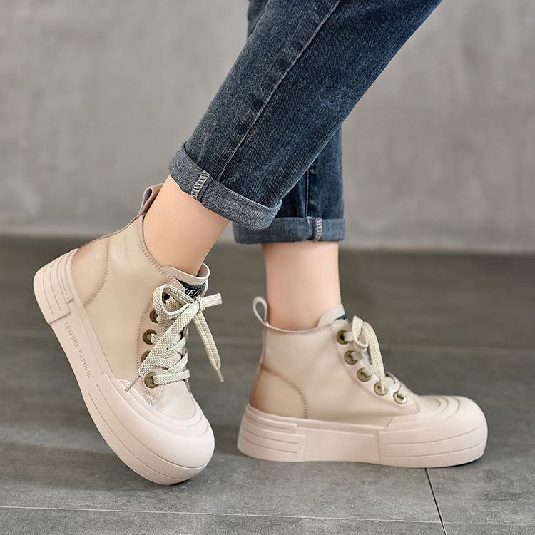 Johnature Genuine Leather Flat Platform Shoes Casual Round Toe Thick Soled Shoes Versatile Lace Up Short Boots