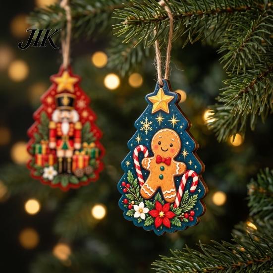 Christmas Window Hanging Decor 8Pcs Wooden Ornaments with Hemp Rope for Holiday Tree Decorations, Decorative Santa Rustic Claus Snowman Gingerbread