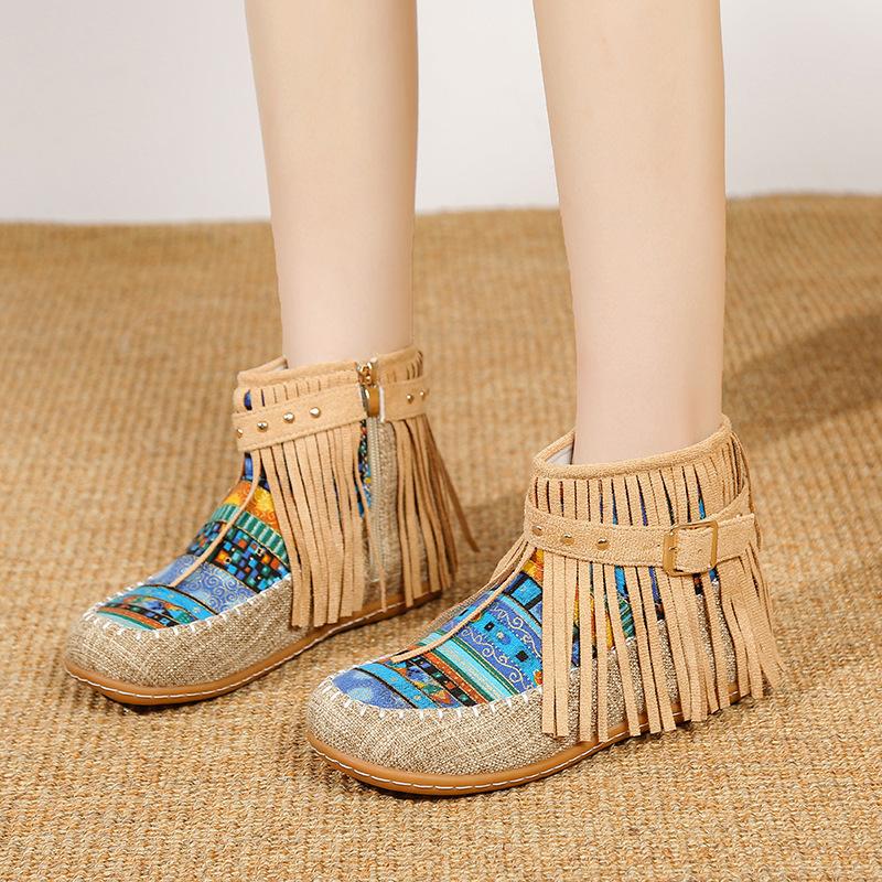 Fashion 2025 Autumn Niche National Style Tassel Short Boots for Women Casual and Comfortable Versatile Thick Soled Women's Short Boots