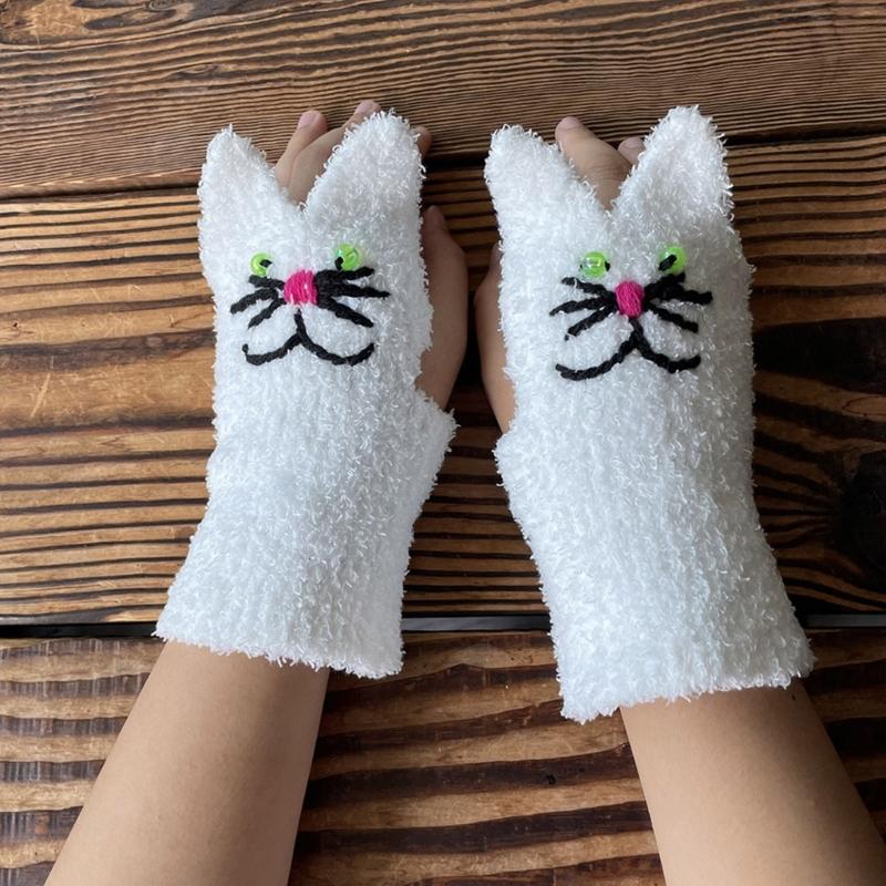 Soft Girls Winter Gloves Warm Mittens Half Finger Touchscreen Embroidery Cat Design Mittens for Women Winter Supplies