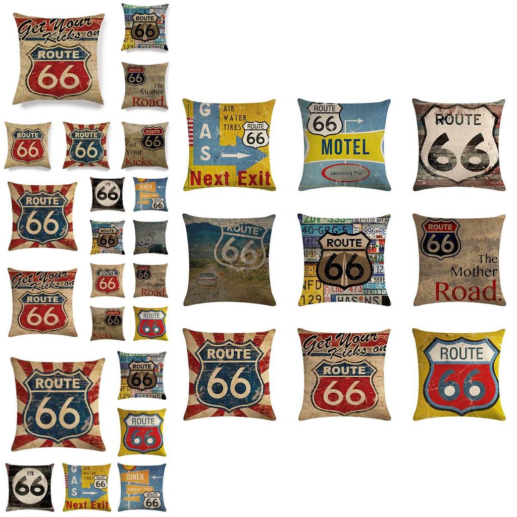 Eye-catching Route 66 Cotton Linen Pillow Cover With Invisible Zipper And Art Deco Style