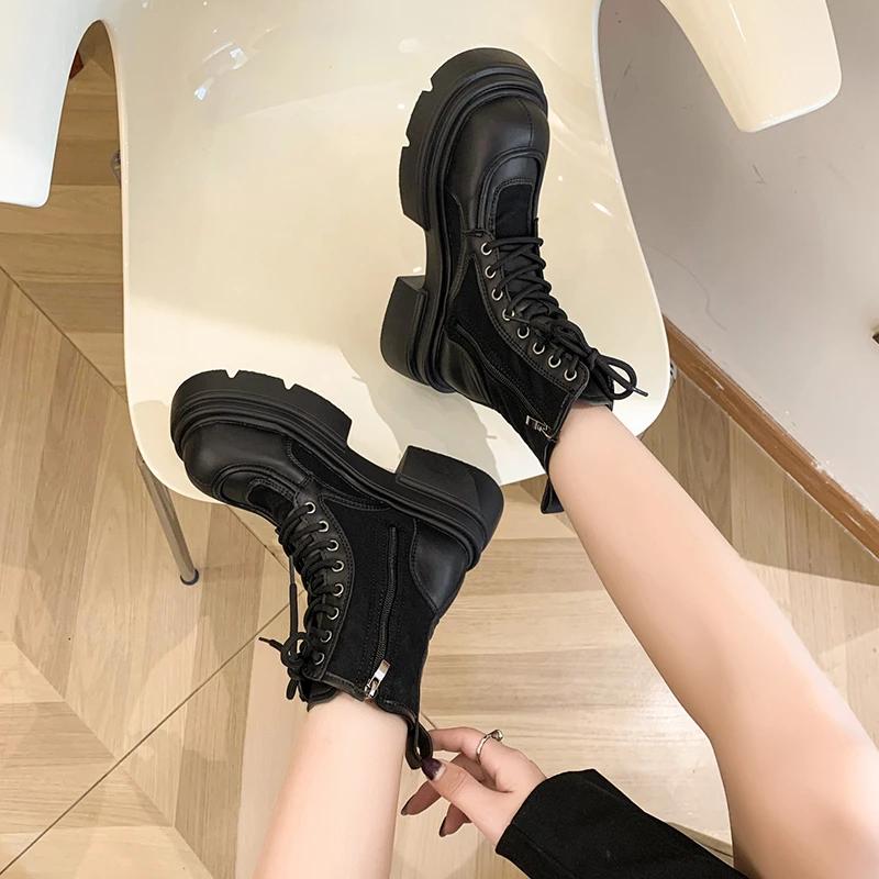 Fashion 2024 New Internet Famous Lace Up Fashion Boots for Women Round Toe Side Zipper Thick Soled Casual Knight Boots Plus Size 40