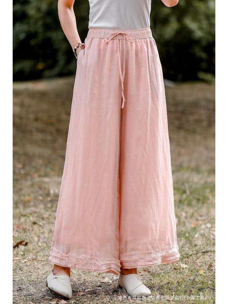 2026 Artistic Solid Color Ramie Wide-Leg Ruffle Pants - Elastic Waist, Double-Layer, Women’s Summer Casual Long Pants