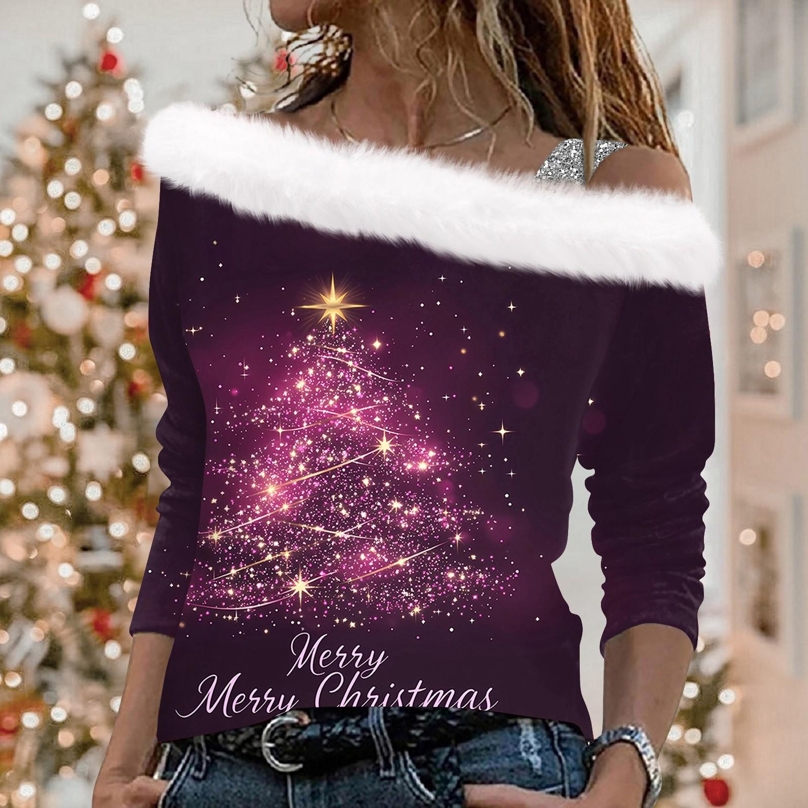 

Жіночі топи з довгим рукавом. Модний жіночий вільний пуловер із відкритими плечима з різдвяним принтом L