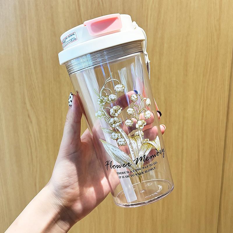 Water Bottle High Value Student Water Cup Lily of the Valley Coffee Cup Will Carry Rope Plastic Cup Summer Double Drinking Cup