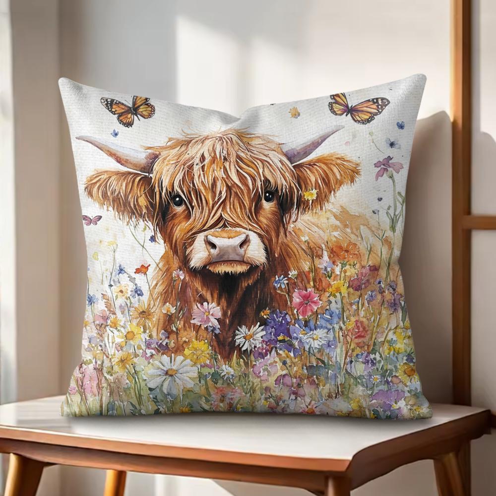 Scottish Highland Cow Cushion Cover Natural Linen Organic Fabric DoubleSided Printing Couch Pillow Covers Home Decor Gift