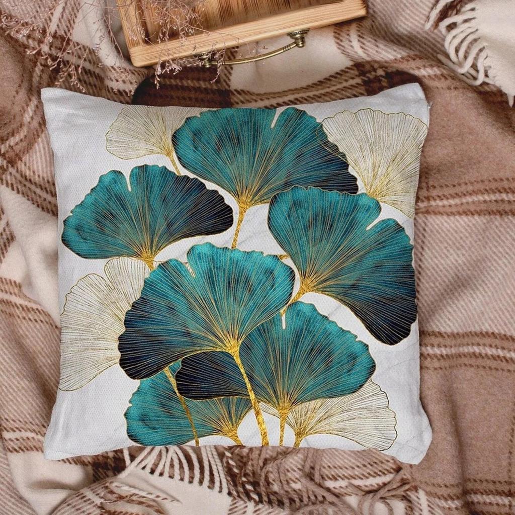 1 Pc Teal Gold Ginkgo Leaf Cushion Cover Modern Plant Peach Skin Throw Pillowcase For Living Room Elegant Home Decor 40X40Cm
