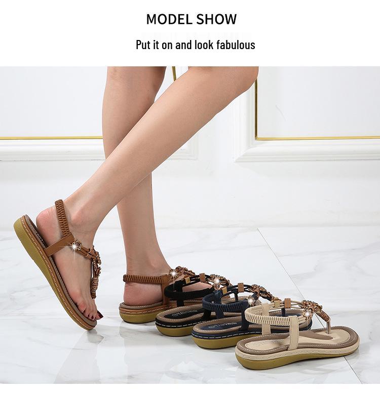 Bohemian Wood Bead Woven Plus Size Flat Women's Sandals for Summer 2025