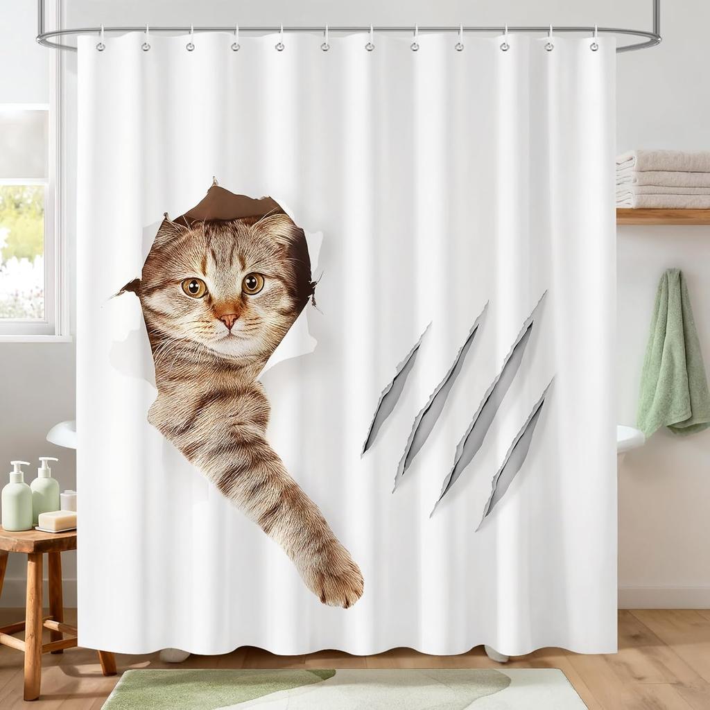 Funny Cat Shower Curtain,Blue Bathing Animal Cute Cartoon Kitten Yellow Rubber Duck Waterproof Polyester Fabric Bath Curtain