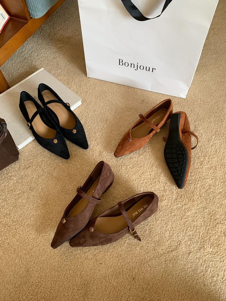 2025 New Autumn New Pointed Suede Word with Retro High Heels Women's Fashion Wedge Heel Commuter Shoes