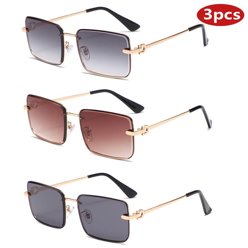 3Pcs Sets Frameless Small Rectangle Sunglasses Women Metal Frame Driving Sun Glasses Men Anti Uv Gradient Eyewear Uv400