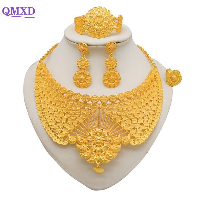 Seturi de bijuterii de culoare aurie Dubai pentru femei Cercei și colier indieni Nigeria Cadouri de nuntă de mireasă marocane