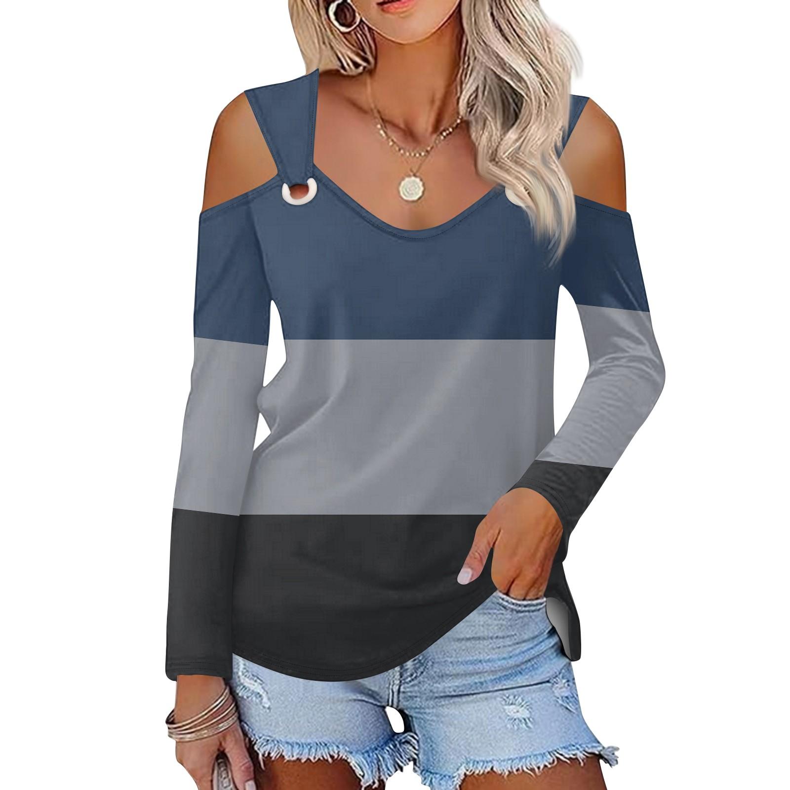 

Женская повседневная рубашка-блузка с принтом, V-образным вырезом, сексуальным открытыми плечами, длинным рукавом M тёмно-синий