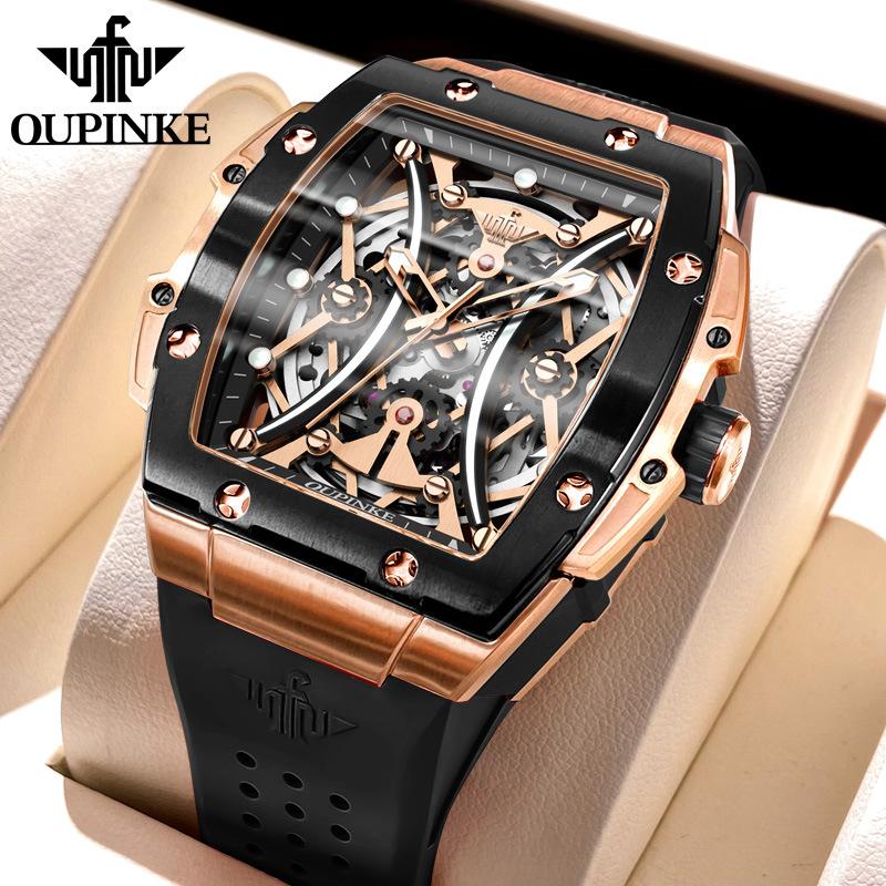 OUPINKE Zegarek Hollow Barrel Mechaniczny zegarek Moda Silikon Wodoodporny Męski zegarek Męski zegarek