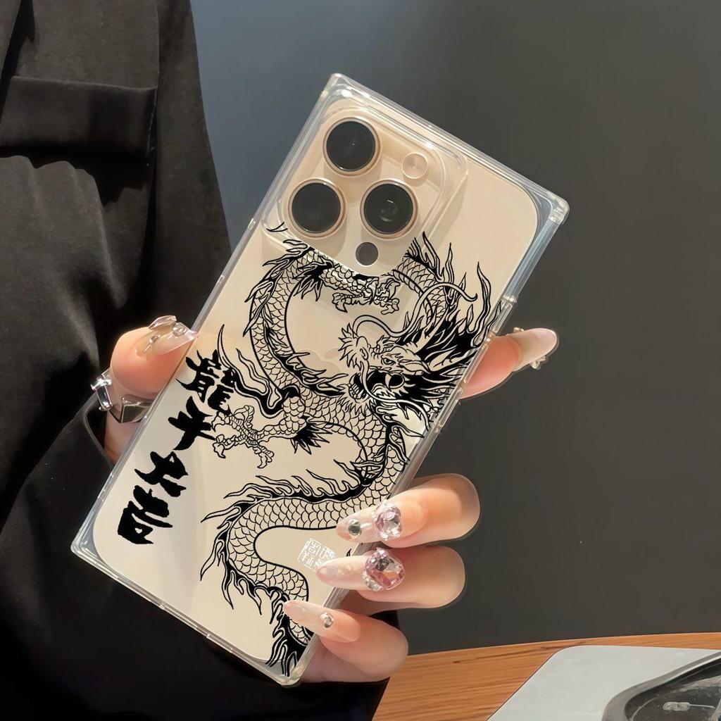 Transparent Square Back Tube Case Casing Protection For iPhone 11 16 ProMax 14 Pro Max 12 15 Plus 13 Anti-Oxygen,Fierce Dragon Pattern