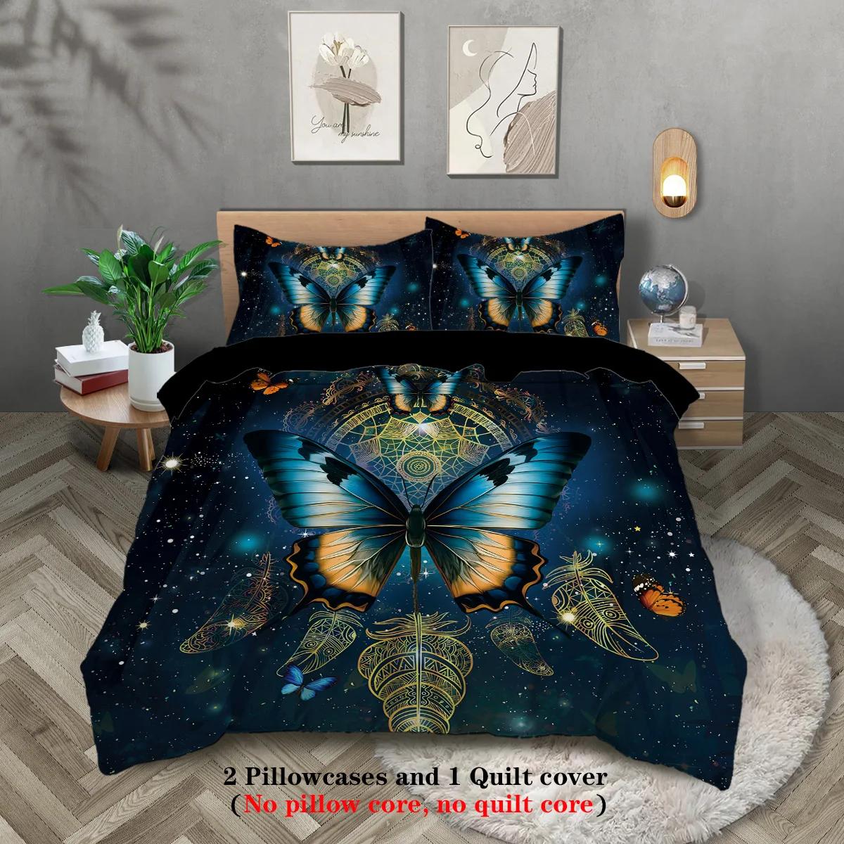 

3-piece set, glowing butterfly and dream catcher pattern printed duvet set, queen, king, double bed, for bedroom, guestroom EU Twin(135x200cm)