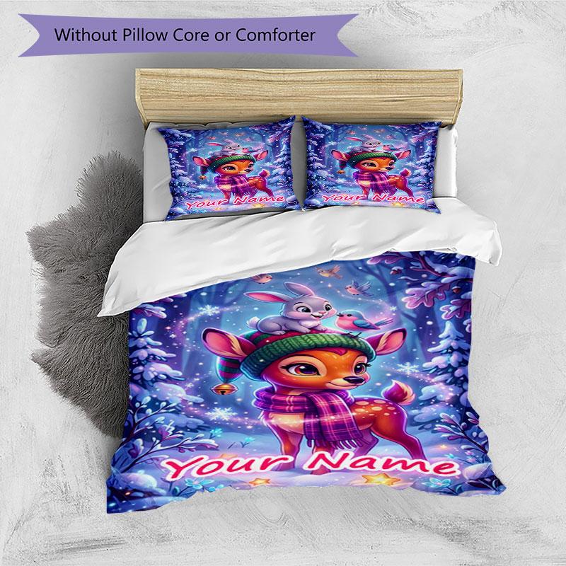 3PC Custom Name Winter Forest Friends Bedding Set Duvet Cover Closure Includes 1 Duvet Cover & 2 Pillowcases for Bedroom