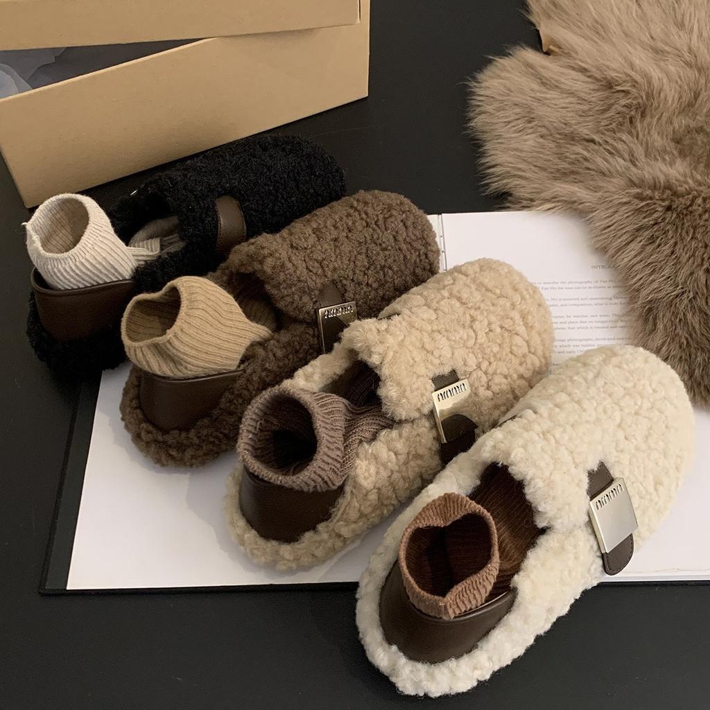 Lamb wool shoes women's winter wear 2025 new Korean version retro flat one-pedal bean shoes women's velvet cotton shoes