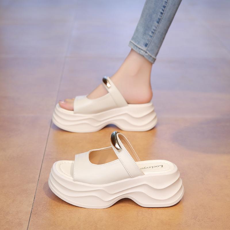 2025 Summer Explosion Comfortable Versatile Thick-soled Threaded High Heels Rear Zipper Waterproof Table Roman Thick-heeled Cool Slippers