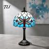 Floral Pattern Lamp Tiffany Dragonfly Stained Glass Table Lamp, Vintage Blue Bedside Night Light, European Style Metal Base Decorative Atmosphere for