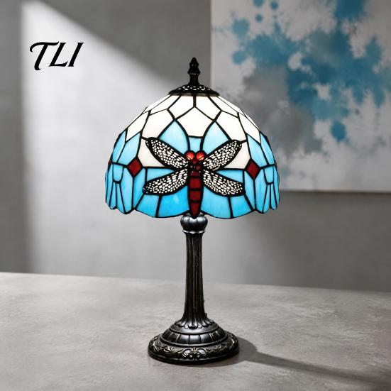 Floral Pattern Lamp Tiffany Dragonfly Stained Glass Table Lamp, Vintage Blue Bedside Night Light, European Style Metal Base Decorative Atmosphere for