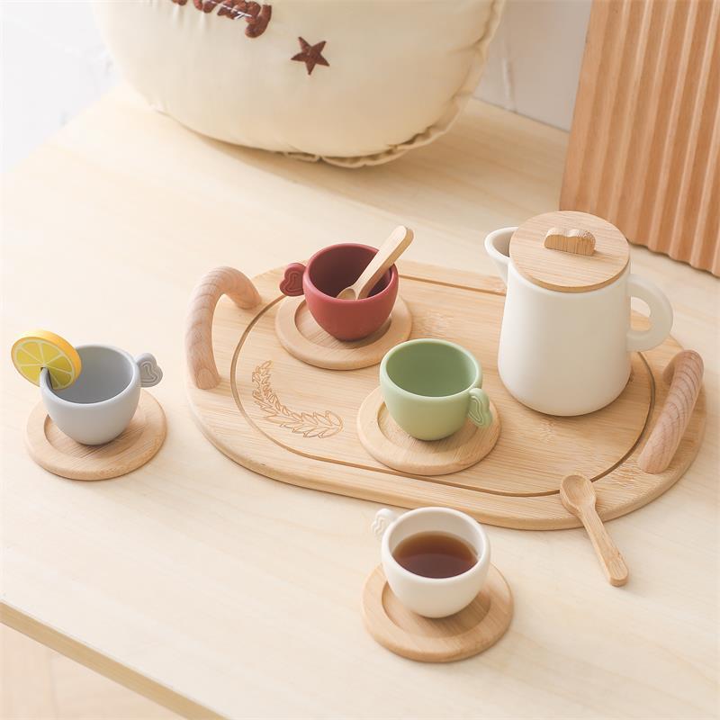 Baby Rollenspiel Nachmittagstee Spielzeug, Silikon-Teekanne mit Holz-Untersetzer, Lernspielzeug für Kinder im Alter von 3-6 Jahren