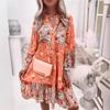 Women's Floral Print Long Sleeve V-Neck Tiered Ruffle Mini Dress In Pink, Blue, Green