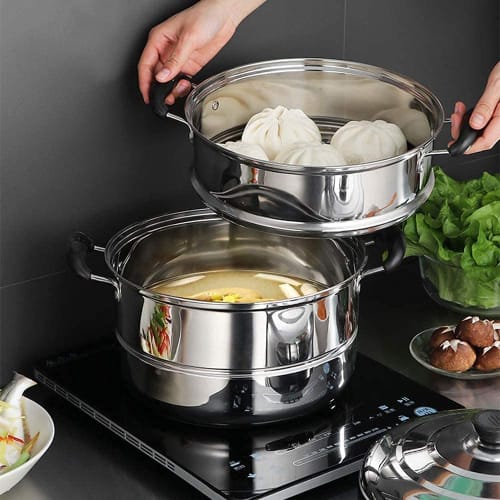 Steamer, 32cm, 2-Tier, 3-Tier, 3-Layer Bottom, Stainless Steel Lid, Compatible with Induction Cooking and Various Heat Sources
