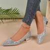 Crystal shoes sequined low heels women's new pointed large size celebrity silver bridal wedding shoes