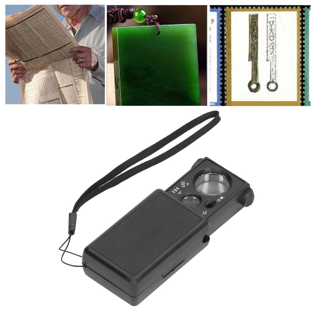 Slide Out Jewelers Loupe 30X 60X Optical Glass Lens Magnifying Glasses with LED Llight Money Detecto