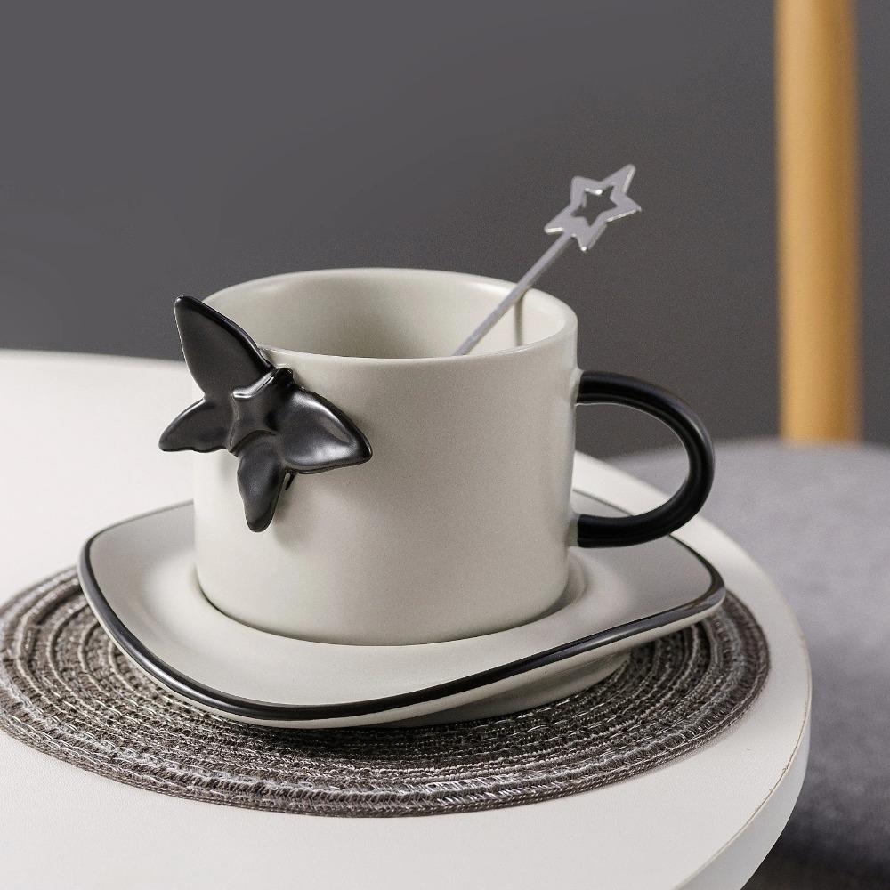 Europäische Schmetterling Keramiktasse Unregelmäßige Schale Einfacher Löffel Kaffeetassen Schwarz Weiß Grau Becher Exquisites Trinkgeschirr Freund Geschenk