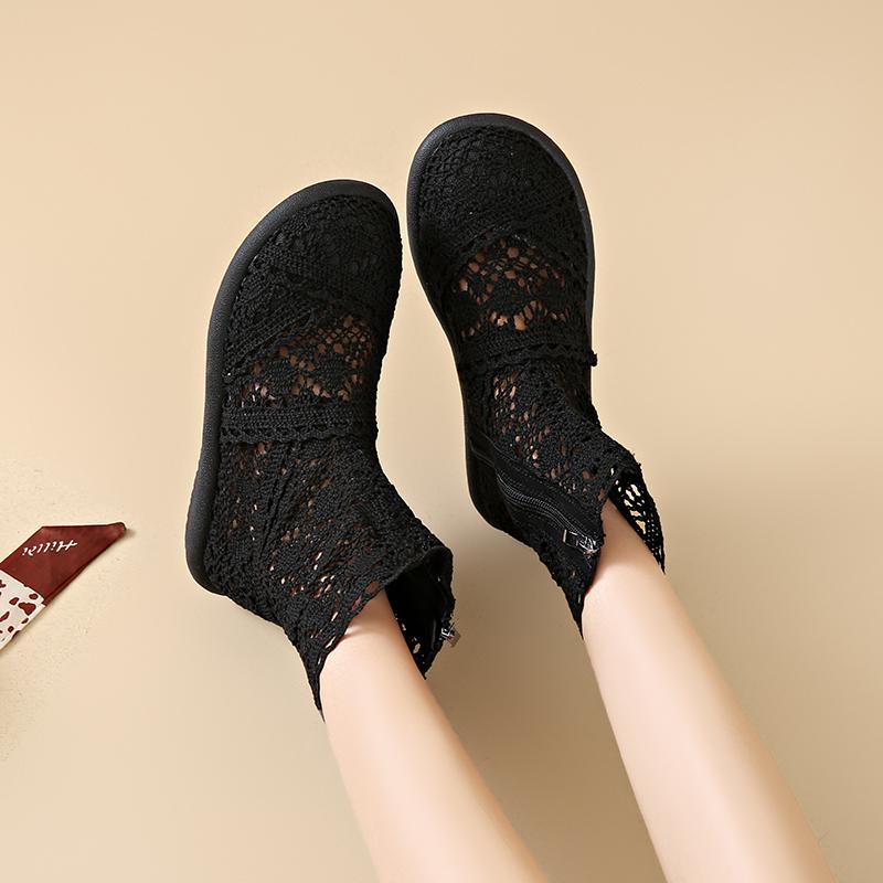 2025 Botas Huecas para Mujer Zapatos de Malla Transpirables Verano Tobillo Femenino Botas de Punto Planas Cremallera Punta Redonda Calzado Liso