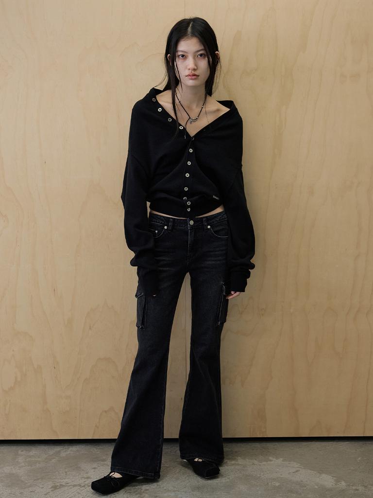 Whole Paper Off-Shoulder Ruffle Neck Cardigan (Black)