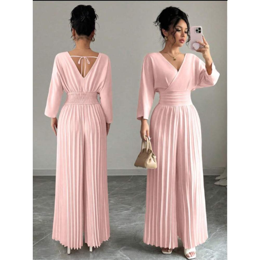 Women's V Neck Long Sleeve Jumpsuit Loose High Waist Elegant Solid Pleated Wide Leg Romper