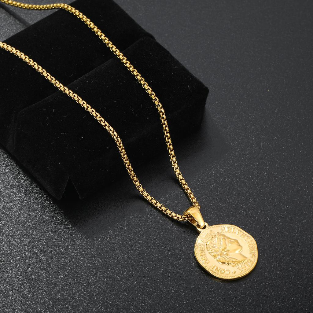 Chunky Punk Style Portrait Round Shape Pendant Necklace Waterproof Stainless Steel Popcorn Link Chain Male Hip Hop Jewelry Gifts