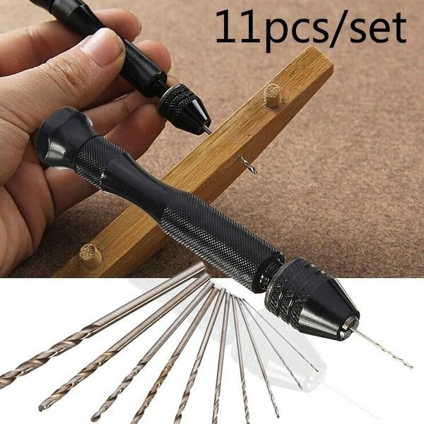 11pcs/set Mini Micro Aluminum Hand Drill With Keyless Chuck, 10 x Twist Drills Rotary Tools