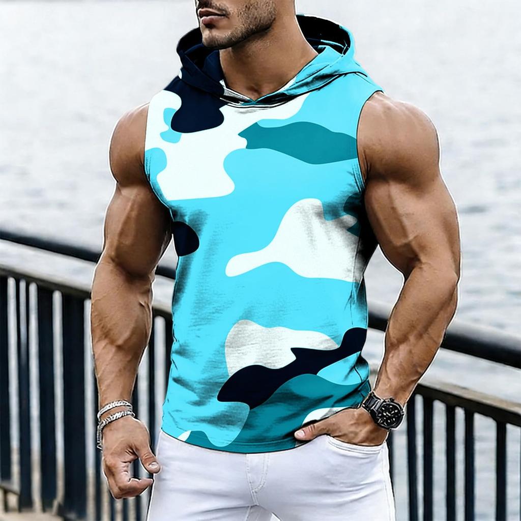 Men's Casual Fashion Printed Sleeveless Hooded Tops | Lightweight Summer Hooded Tank Tops
