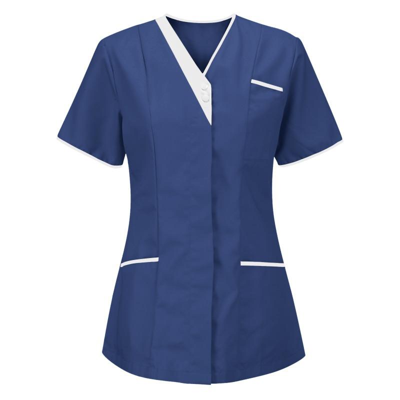 Women Solid Color Short-Sleeve V-neck Top Nurse Work Uniform Pocket Top