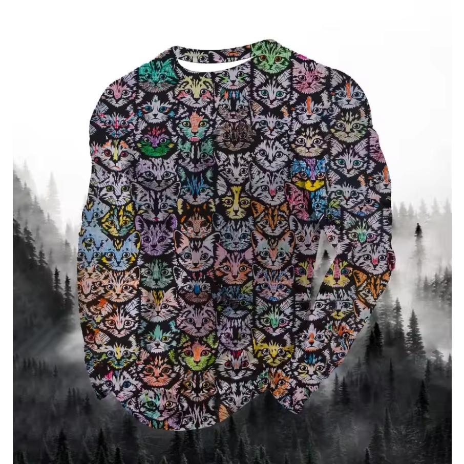 Lion Cat Fierce Animal Print Men's T-shirt Fashion Long Sleeve T-shirt Casual Round Neck Street Top Loose Pullover Autumn