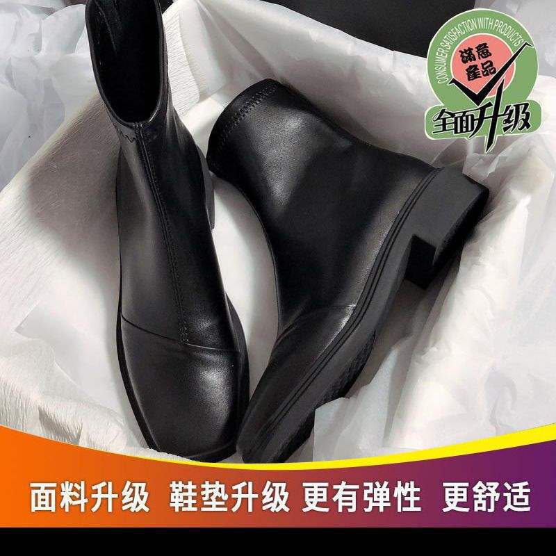 

2025 осень и зима новые ботинки на плоской подошве с квадратным носком на толстом каблуке эластичные ботинки простые и универсальные модные французские тонкие короткие ботинки женские 38