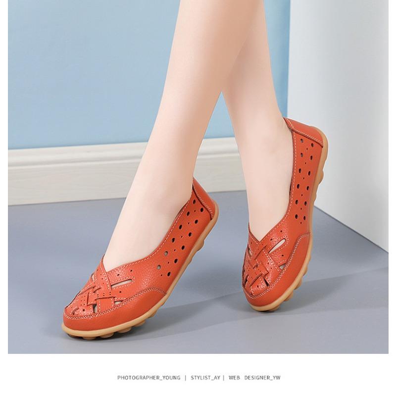 Women's Breathable Perforated Leather Flat Shoes Comfortable Massage Sole Casual Loafers for Daily Walking