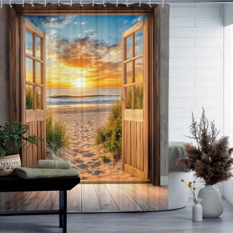 Textile Article Light Sunset Beach With Wooden Door Shower Curtain For Bathroom Decor, Perfect For Adding Coastal Charm And Serenity