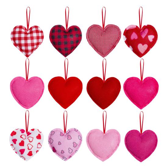 12 Stück Filzstoff Herz Hängeornament Rot Rosa Büffelkaro Herzanhänger für Valentinstag Hochzeitsfeier DIY Bastelarbeiten