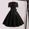 Women Dress Square Neck Short Sleeve Vintage Style 1950s A-line Big Hem Button Decor Dot Print Color Matching Mid Waist Belted Bow Decor
