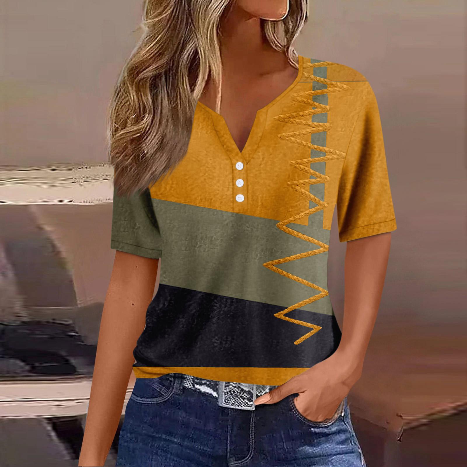 

Женская модная повседневная винтажная футболка с v-образным вырезом и коротким рукавом с декоративными пуговицами, топ XL жёлтый